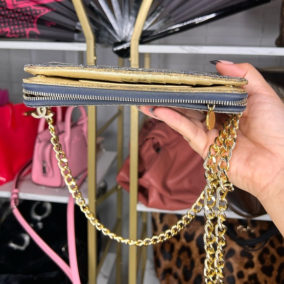 CHANEL CC Denim Zip Around Wallet w/ unbranded gold chain - Picture 10 of 14